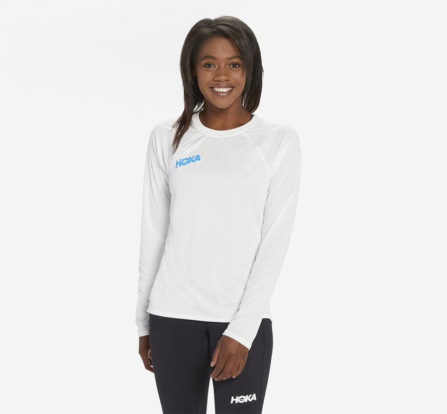 Top Hoka One One Mujer Blancos - Performance Long Sleeve - POEW28016